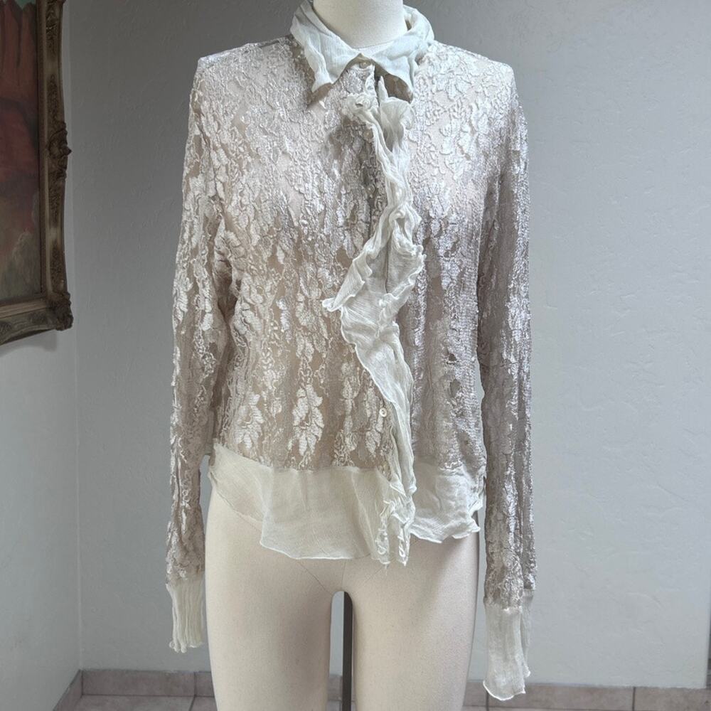 Sheer Lace Silk‎ Ruffle Top French Girl Fairy Romantic Feminine Ethereal Women L
